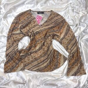y2k Rikki J Top Brown Excellent Paisley Stripe V-Neck Long Sleeve Blouse XL
